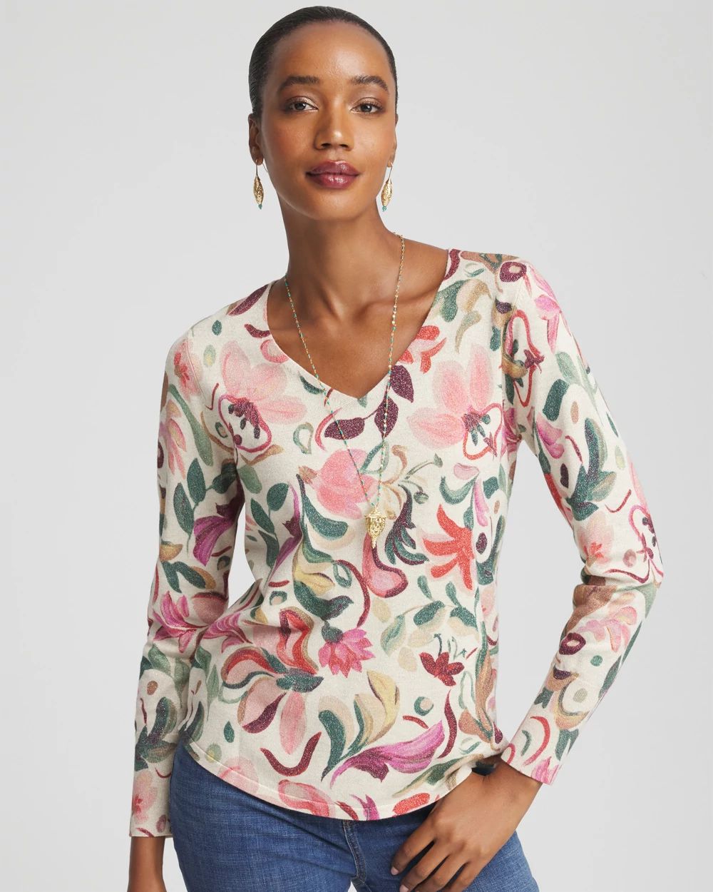 Ella V-Neck Floral Pullover Sweater | Chico's